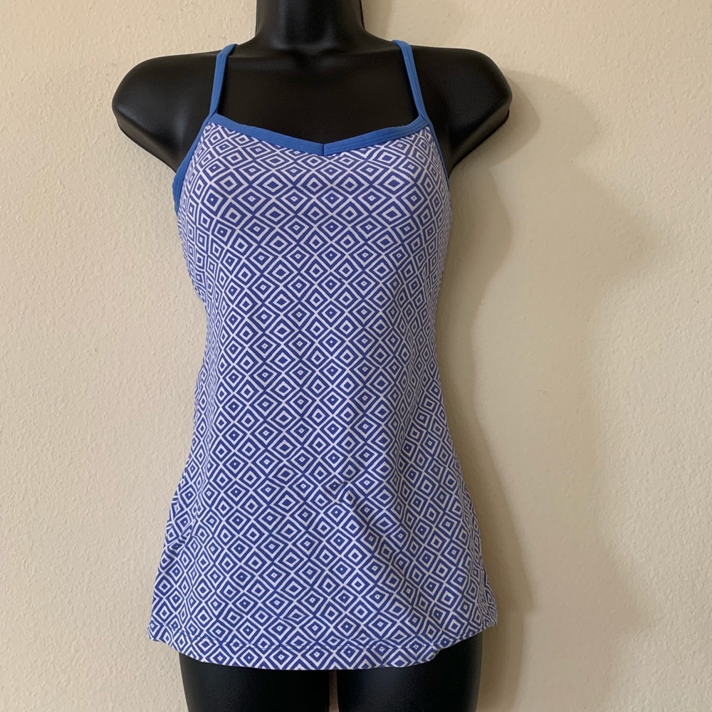 Lucy Blue and White Diamond Print Workout Tank Top